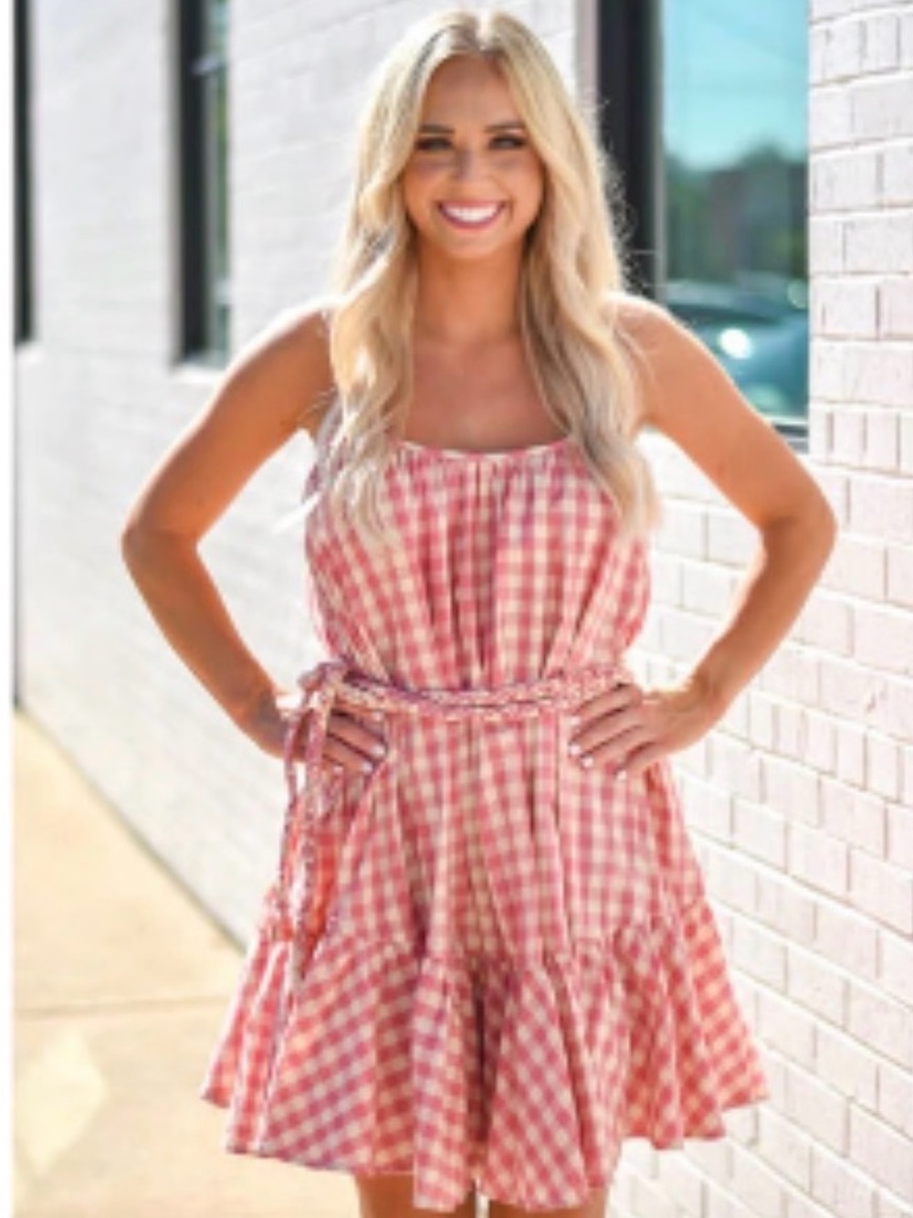 The Impeccable Pig Pink Gingham Braided-Waist Mini Dress